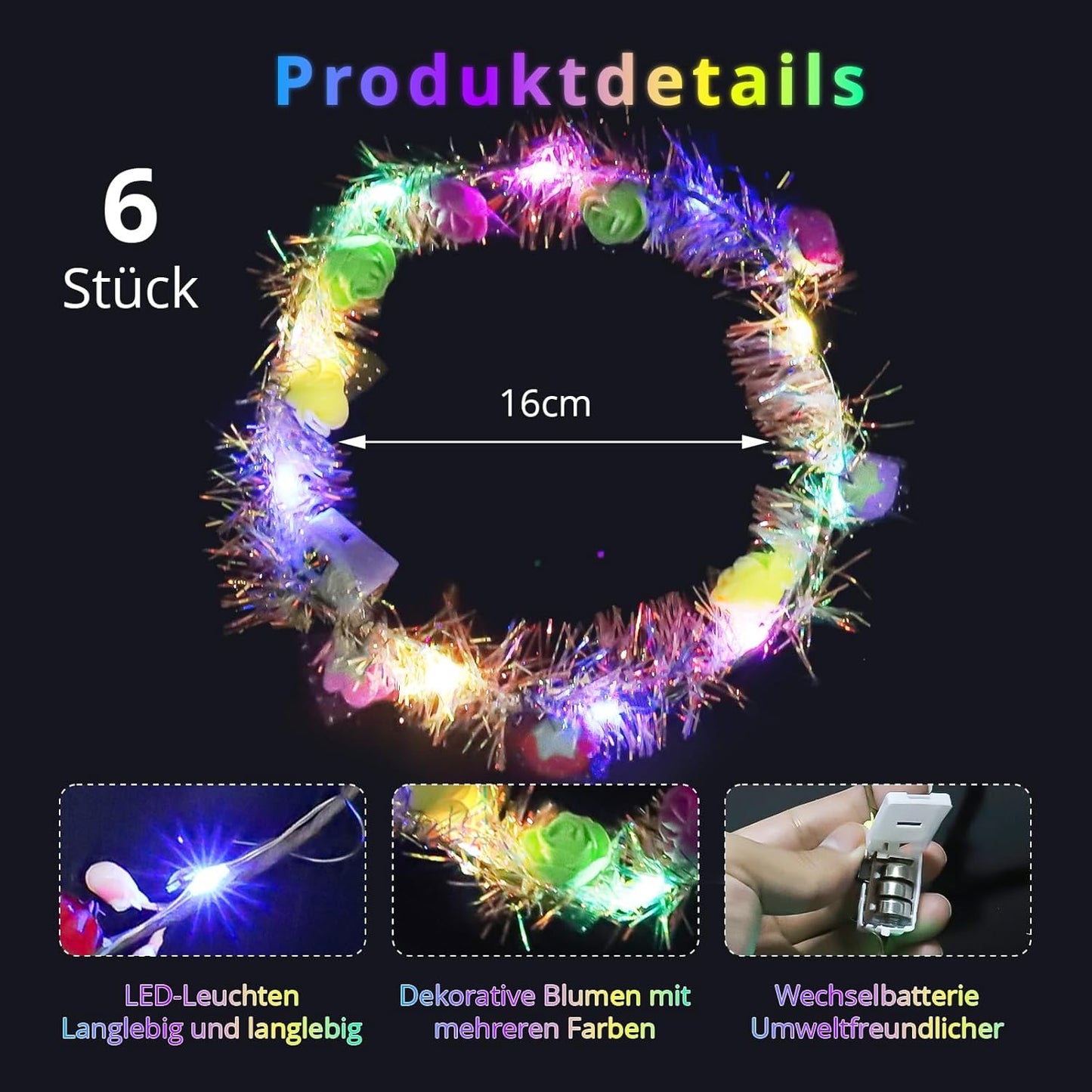 6 LED Flower Wreath Headbands – Luminous Festival Crowns with 3 Light Modes