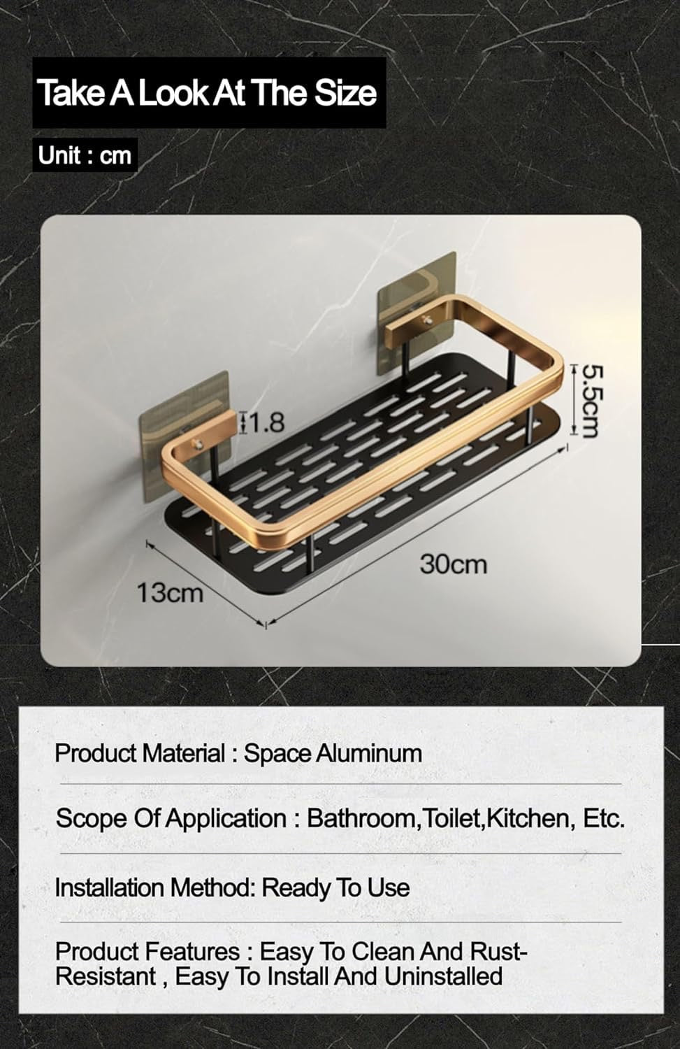 Gold Self-Adhesive Multipurpose Wall Mounted Bathroom Shelf & Rack for Kitchen, Space Saving Organizer, Punch Free Wall Shelves Stand (2pcs Pack)