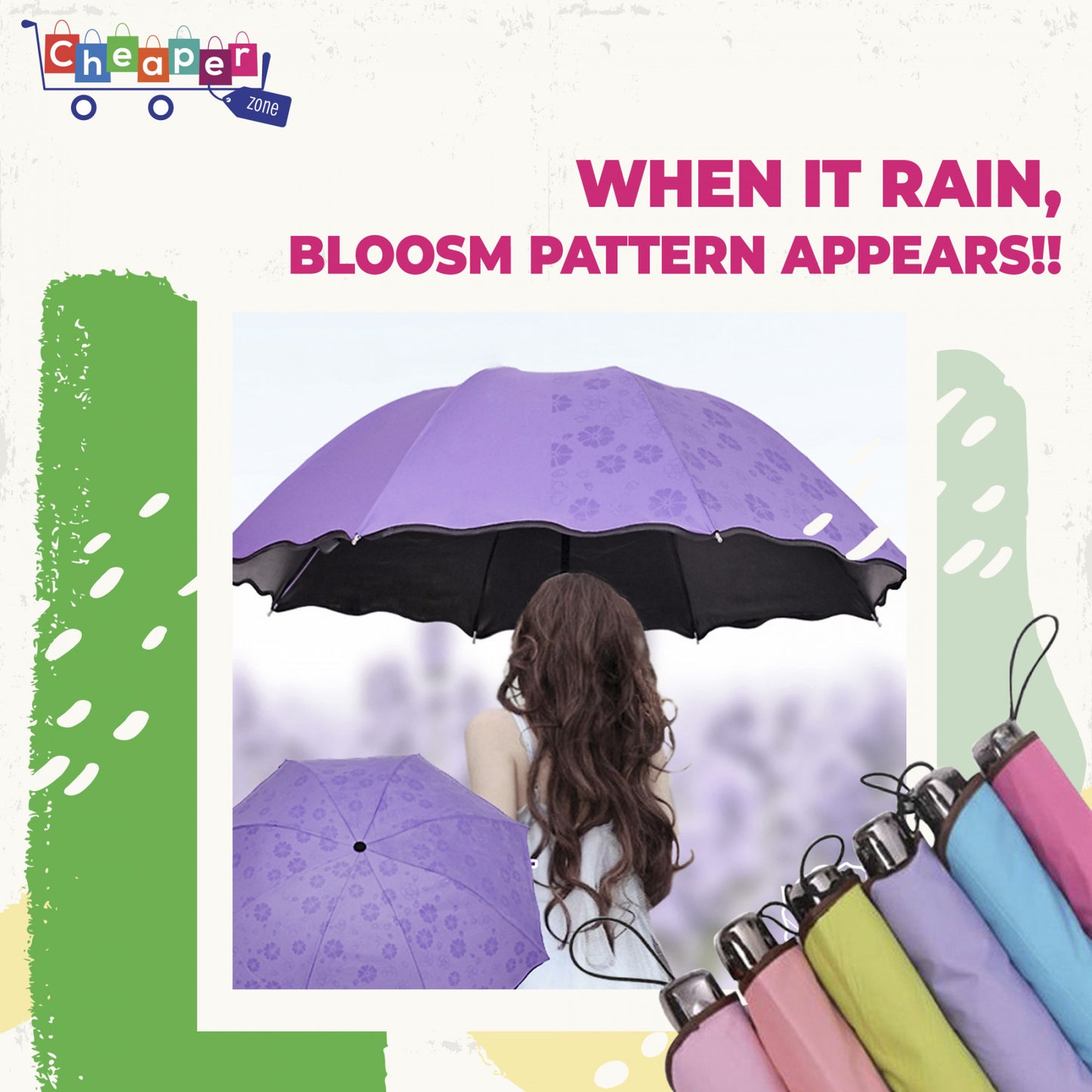 Magic Umbrella – Water Flower Pattern | Windproof, UV-Resistant & Foldable Travel Umbrella