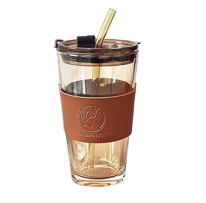Glass Coffee Sipper Mugs with Straw and Lid Sealed Carry on, Glass Iced Tea Tumbler with Leather Sleeve, Leak-Proof, Reusable Smoothie, Milk, Water Drink Cup - 450ml