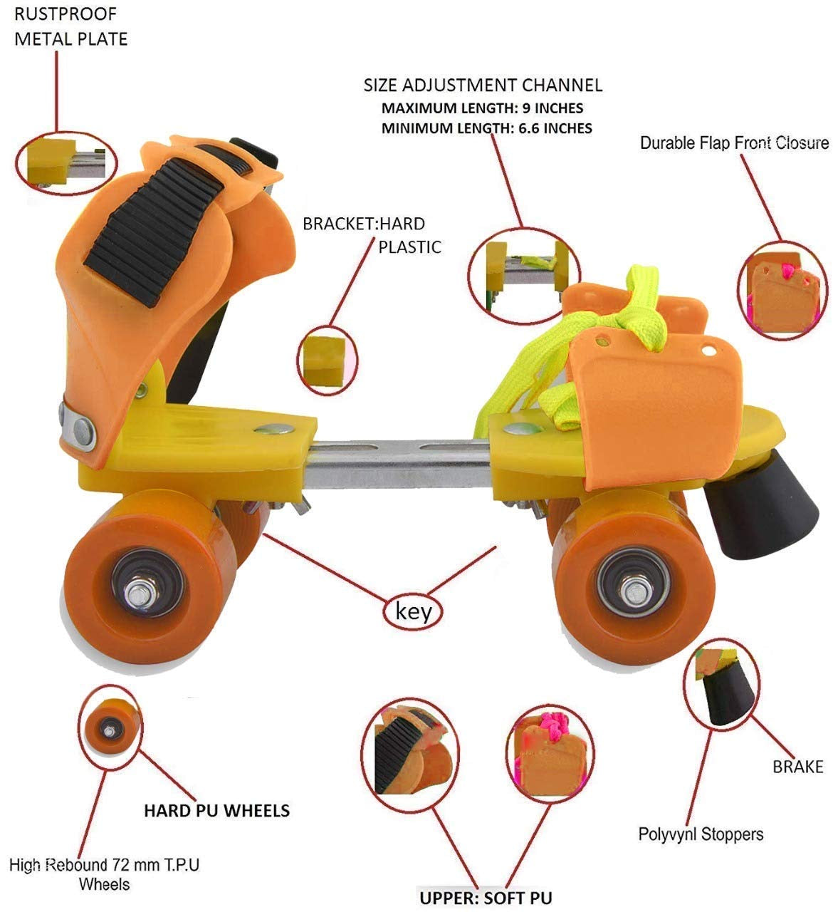 Adjustable 4 Wheel Skating Shoes for Boys/Girls Roller Skates with Front Break Inline Skating Shoes Suitable for Age Group 7 to 15 Years (Pink Yellow)