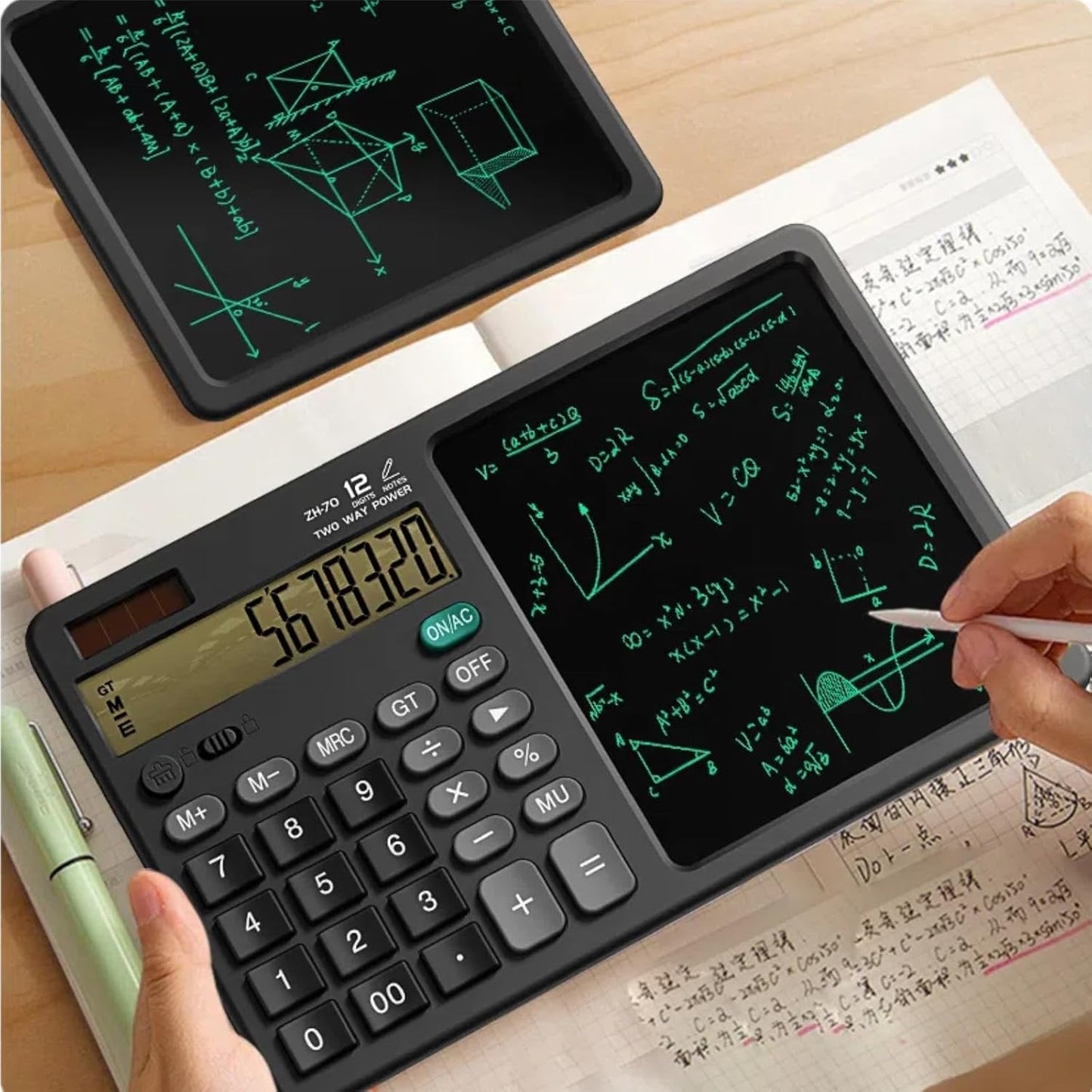 12 Digits Desktop Calculator with Large HandWriting LCD Notepad. Solar Powered Standard Function Calculator for Office, School, Home