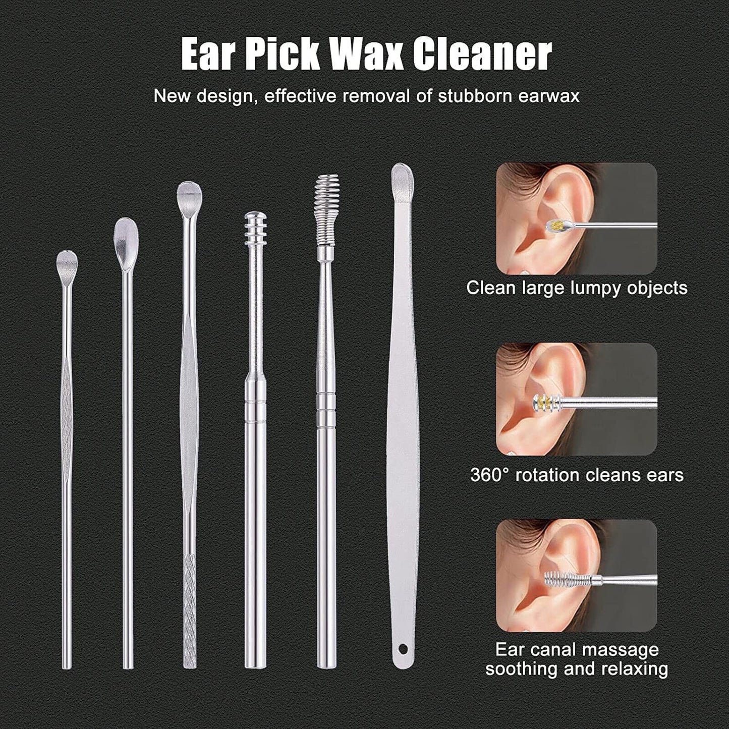PU Leather Ear Wax Removal Kit – 6-Piece Stainless Steel Ear Cleaner Set with Travel Case