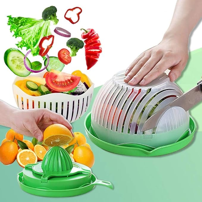 Salad Cutting Bowl, Wash Strain Slice and Serve, 60 Seconds Salad, Salad Cutter Bowl, Salad Chopper, Salad Bowl, Cutting Board, with Orange Juicer