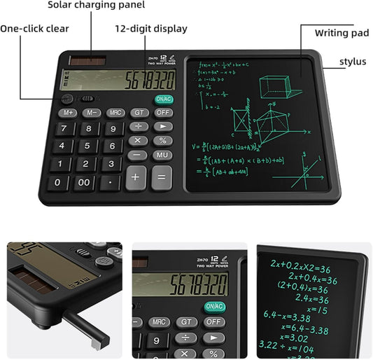12 Digits Desktop Calculator with Large HandWriting LCD Notepad. Solar Powered Standard Function Calculator for Office, School, Home