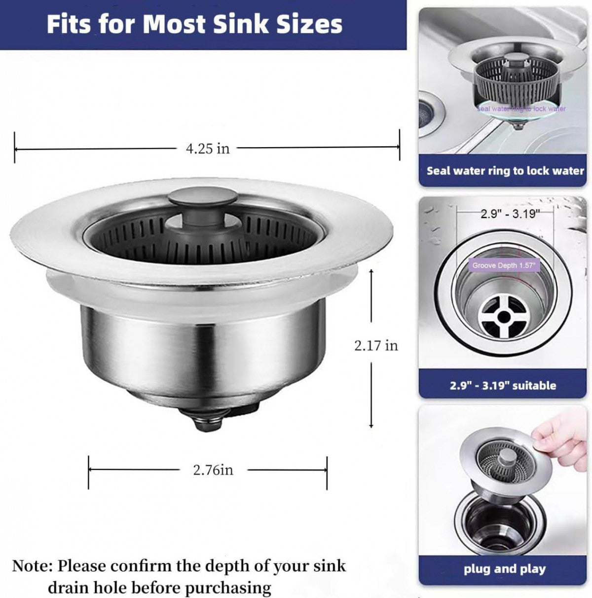 3-in-1 Kitchen Sink Drain Strainer, Stopper & Filter – Stainless Steel Pop-Up Anti-Clog Design