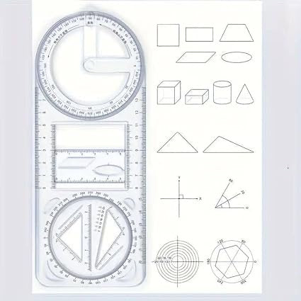 Multifunctional Geometric Drawing Ruler – Transparent Math & Design Tool with Protractor, Circle Templates & Stencils