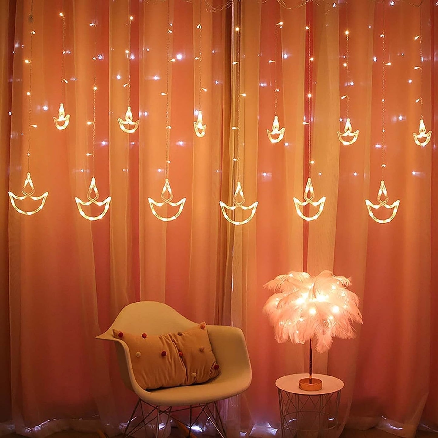 12 Diyas Window Curtain Lights with Flashing Modes Decoration for Christmas, Wedding, Party, Home, Patio Lawn, Warm White (6+6 Diyas)