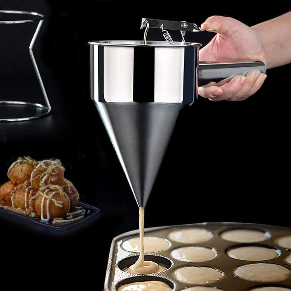 Stainless Steel Batter Dispenser with Stand | 1200ML No-Drip Funnel for Pancakes, Cupcakes, Muffins & Takoyaki | Ergonomic Handle, Dishwasher Safe