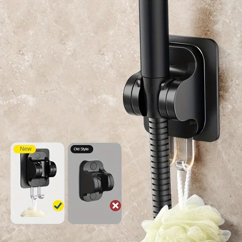Heavy-Duty Adhesive Shower Head Holder | No-Drill Wall Mount | 90° Adjustable Angle & Built-In Hook | Universal Bathroom Fit