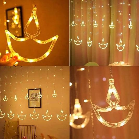 12 Diyas Window Curtain Lights with Flashing Modes Decoration for Christmas, Wedding, Party, Home, Patio Lawn, Warm White (6+6 Diyas)