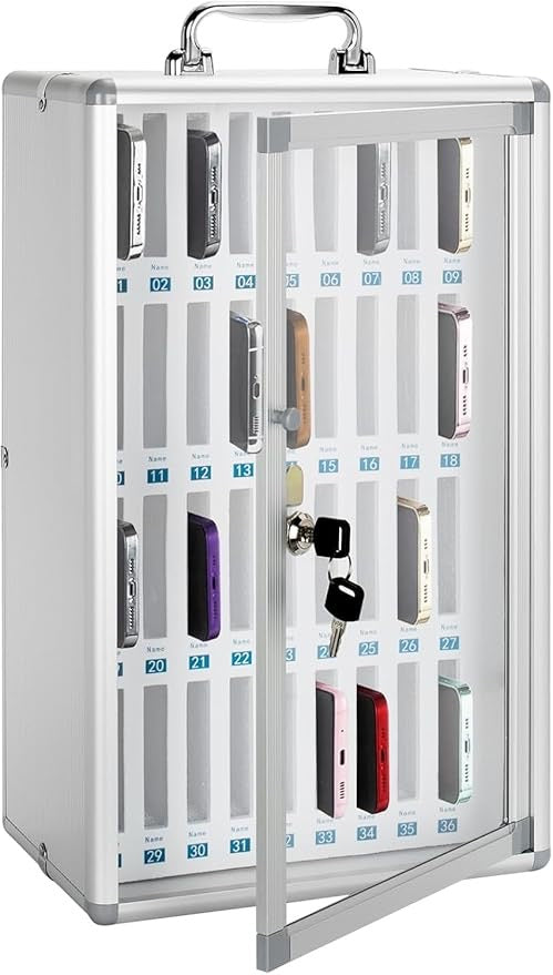 Cell Phones Storage Cabinet 36 Slots Aluminum Alloy Cell Phones Holder Storage Box Mobile Desktop Organizer Wall-Mounted Pocket Chart Locker Box with a Lock