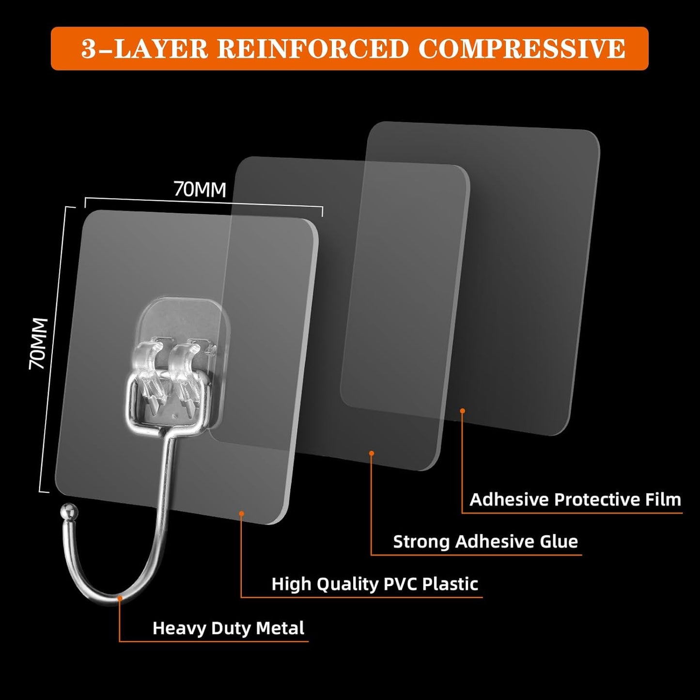 Transparent Large Adhesive Wall Hooks Hanger – Pack of 10, Heavy Duty & Reusable