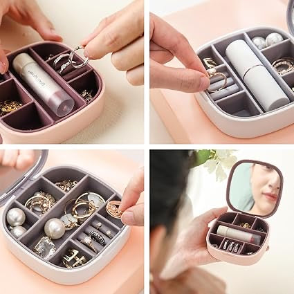 Travel Jewelry Box, Small and Portable Jewelry Storage Box with Mirror Earrings, Lipstick Necklace Storage Box Easy to Storage Jewelry Case Mini Cosmetic Holder Container