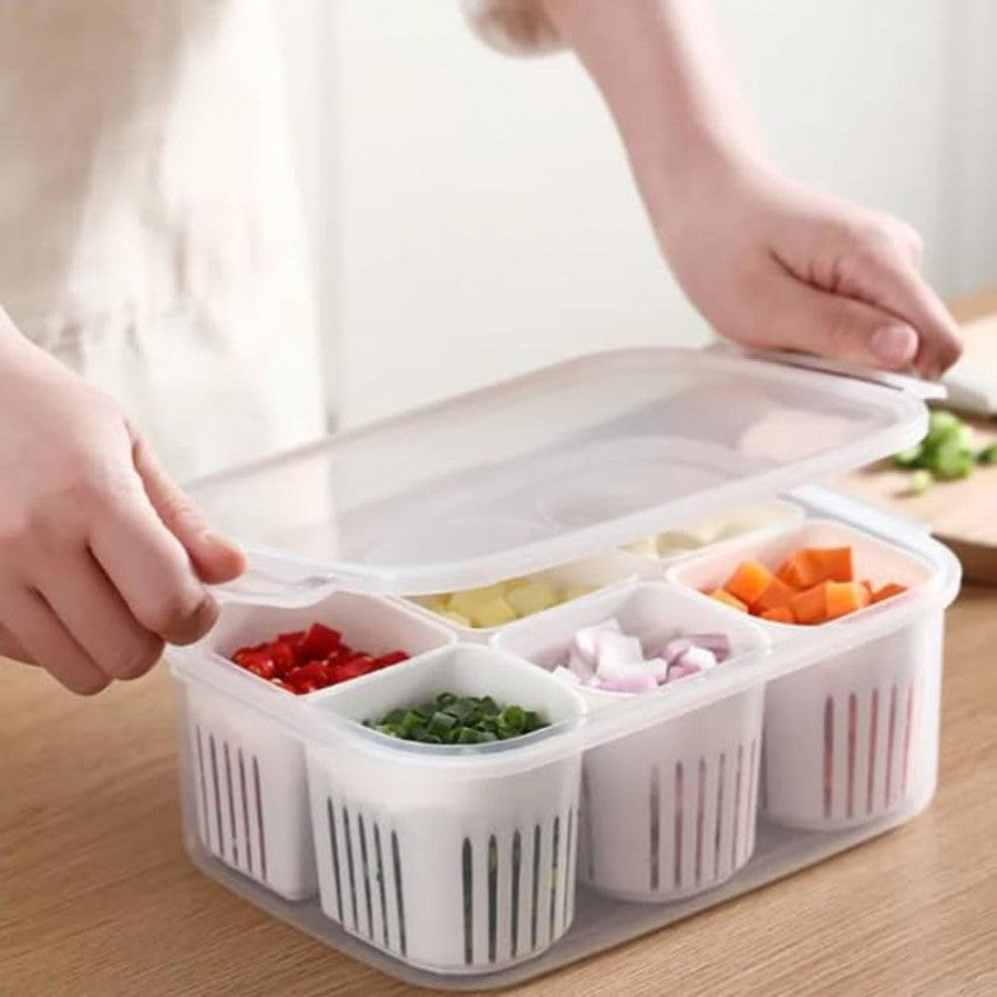 6-Grid Fridge Storage Container – Stackable Food Organizer with Drain Plate