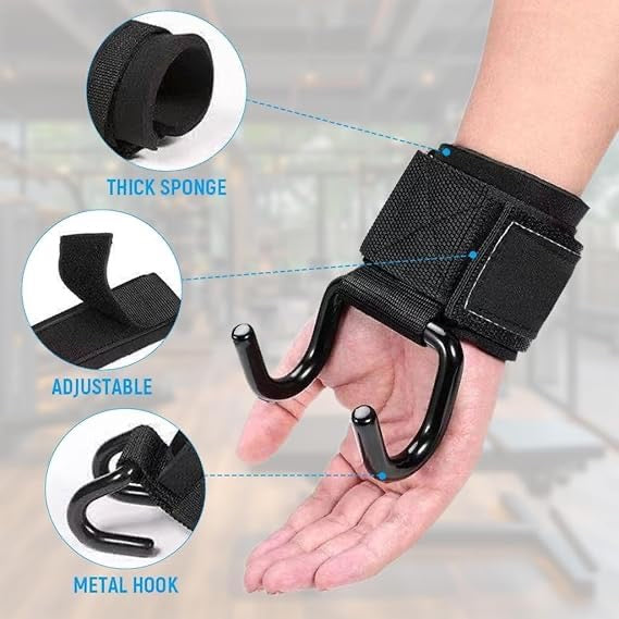 Weight Lifting Hooks for Enhanced Grip Strength, Metal Dual Hook Deadlift & Pull-Up Wrist Support, Adjustable Hook and Loop Closure, Assisted Gym Straps for Men & Women, Black (1 Pair)