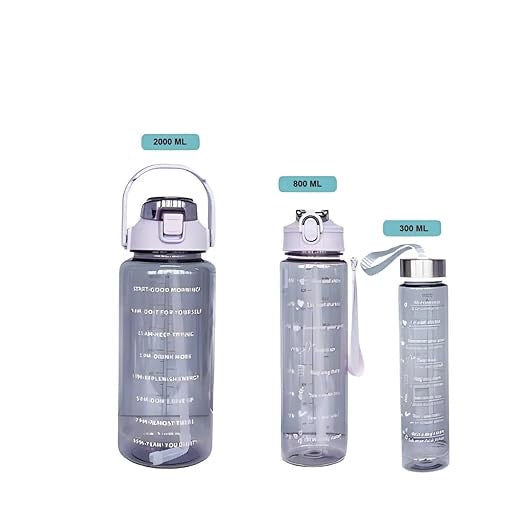 💧 Transparent Water Bottle Set – 3 Sizes (2L, 900ml, 300ml) | Motivational & Leakproof | BPA-Free