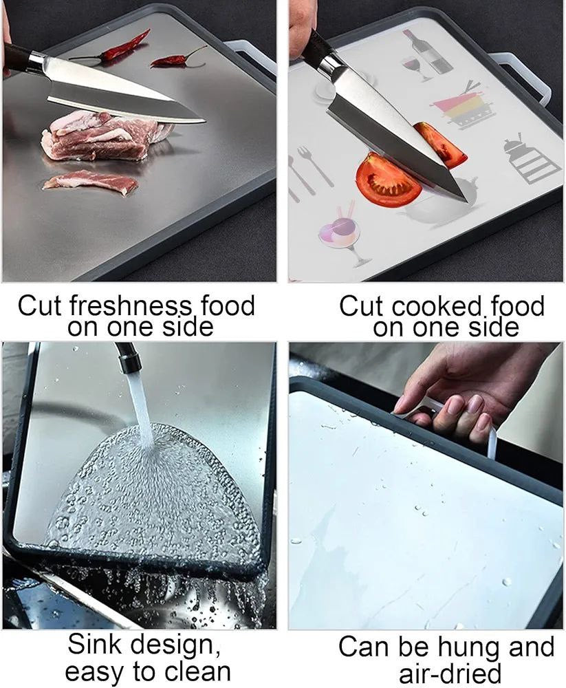 Double-Sided Cutting Board (40x27cm) | 304 Stainless Steel + Food Grade PP | Anti-Slip, Durable & Easy to Clean