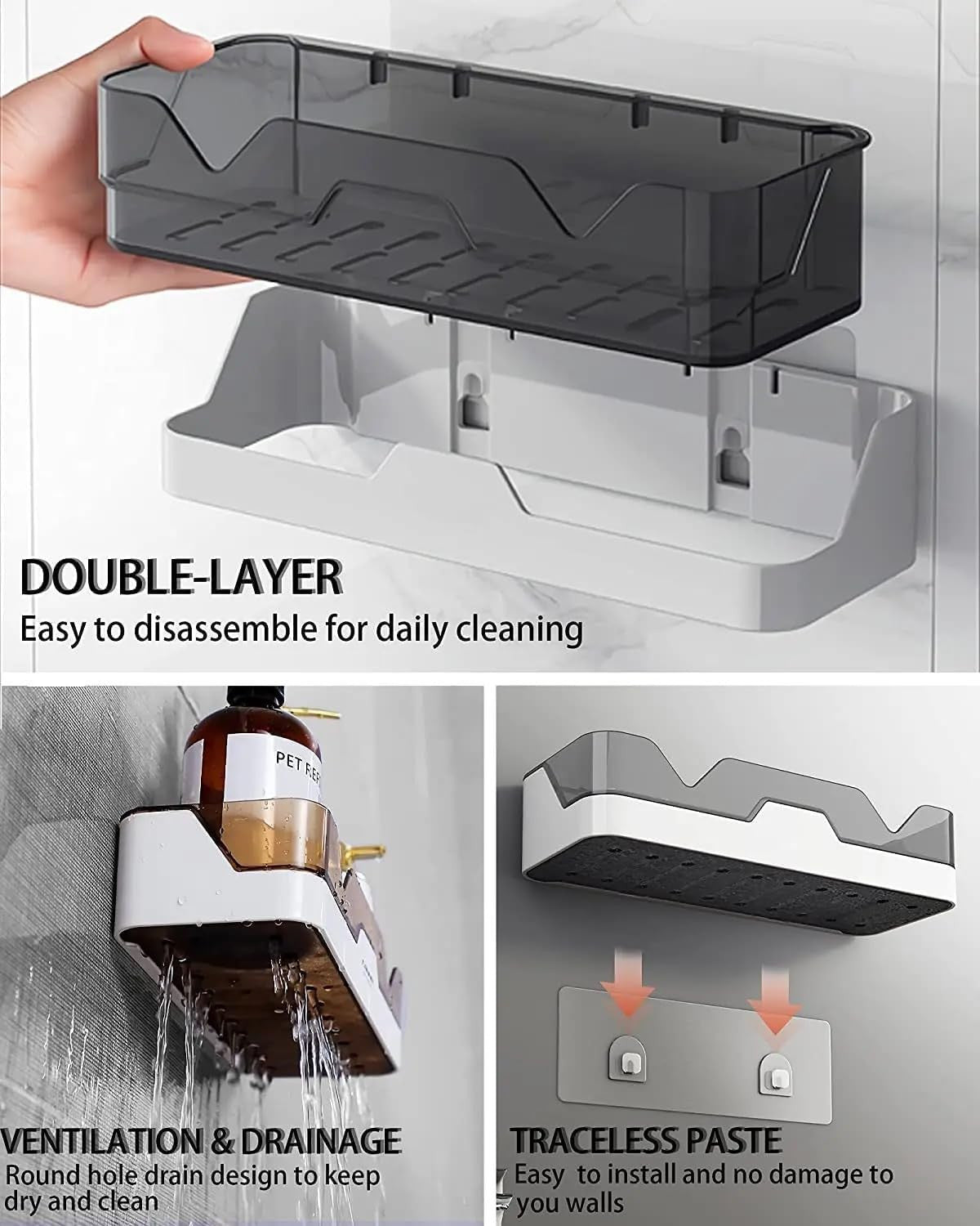Bathroom Shelf Organizer – Punch-Free Wall Mounted Storage Rack with Strong Adhesive & Drain Design