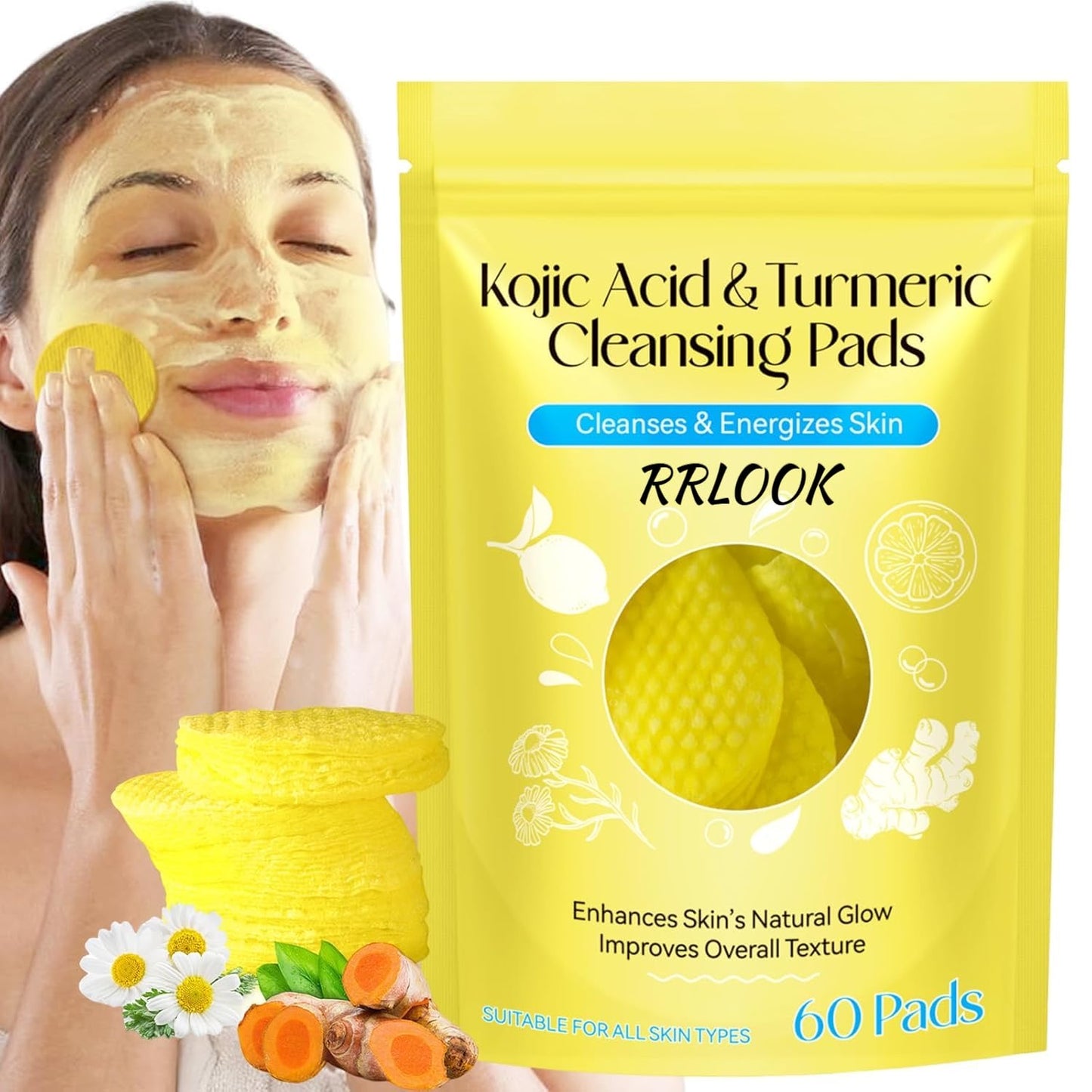 Turmeric Kojic Acid Cleansing Pads – 60 Pcs | Brightening & Exfoliating Wipes for Face & Body | Deep Pore Cleanser for All Skin Types