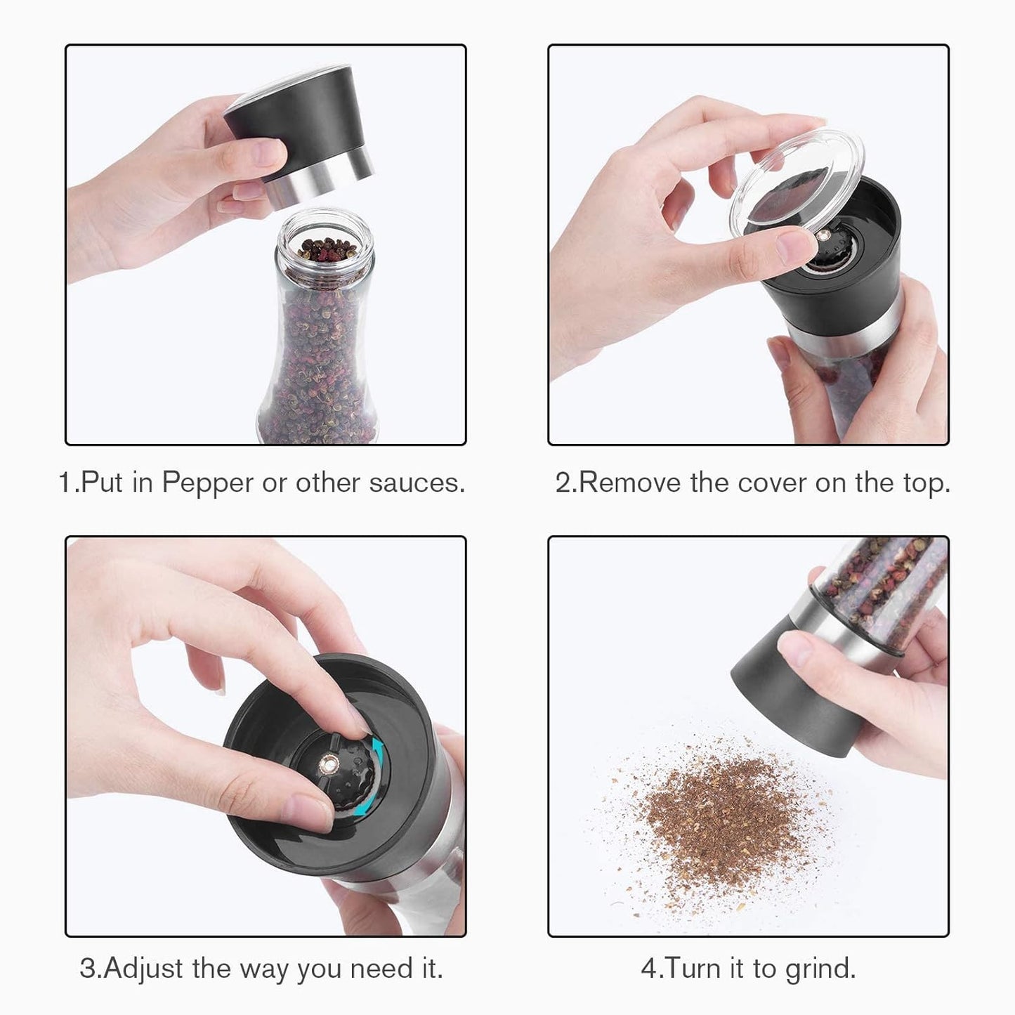 Glass Salt & Pepper Grinder Set – Adjustable Stainless Steel Mills with Ceramic Crusher