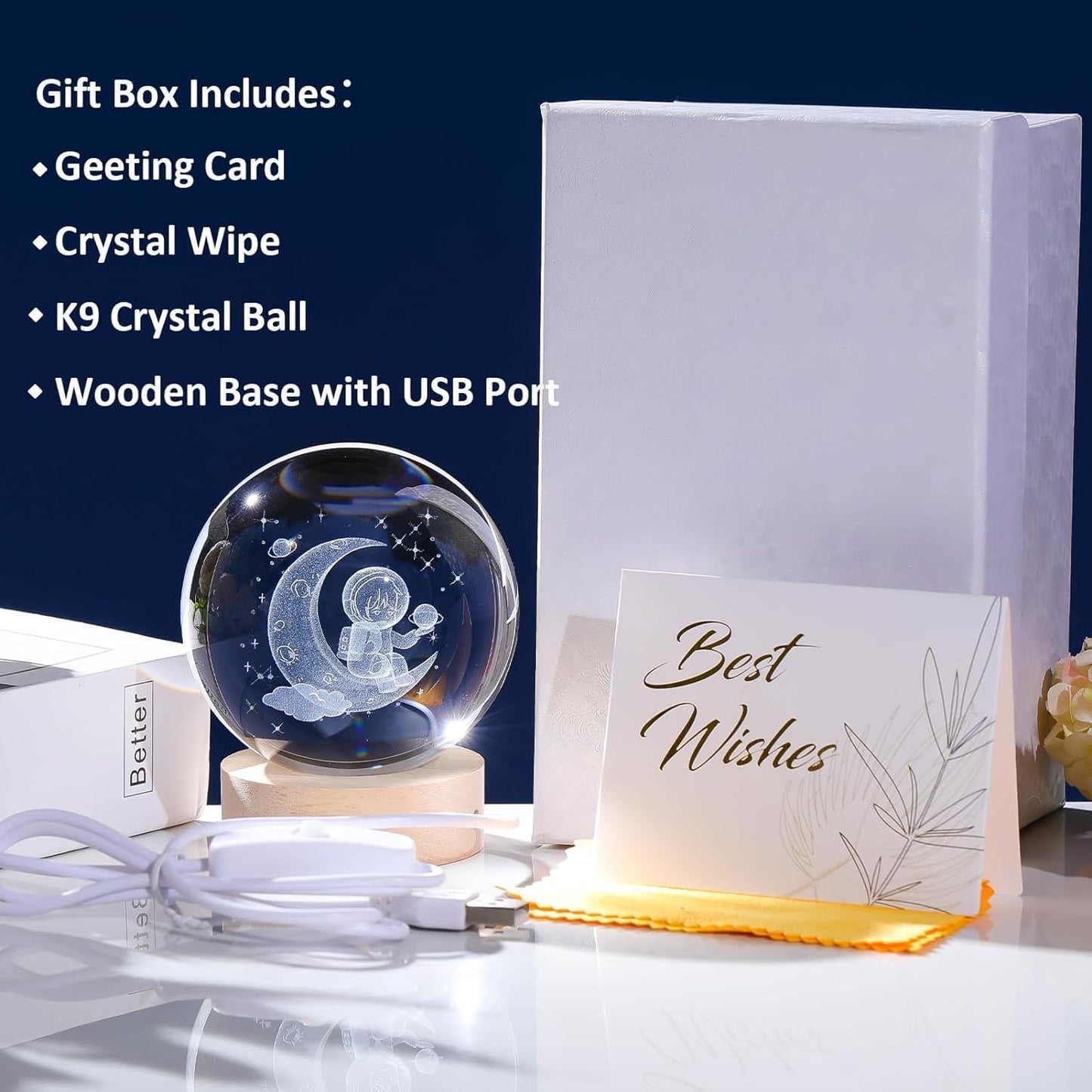 3D Astronaut Crystal Ball Night Lamp, Creative Engraved Crystal Ball Night Light, USB Table LED Wooden Crystal Ball for Home Decoration Birthday Gift for Teens, Boys, Girls