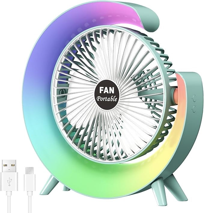 Colorful G-Shape Fan with LED Light – Quiet, Strong Wind, Rechargeable Mini Table & Desk Fan