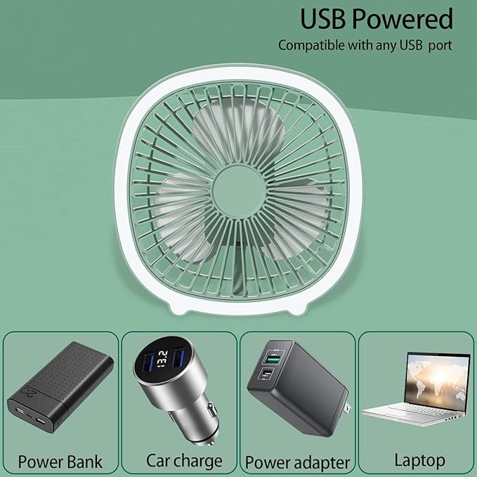 USB Desk Fan with LED Light – Quiet 3-Speed Portable Mini Table Fan for Home, Office, Car & Outdoor