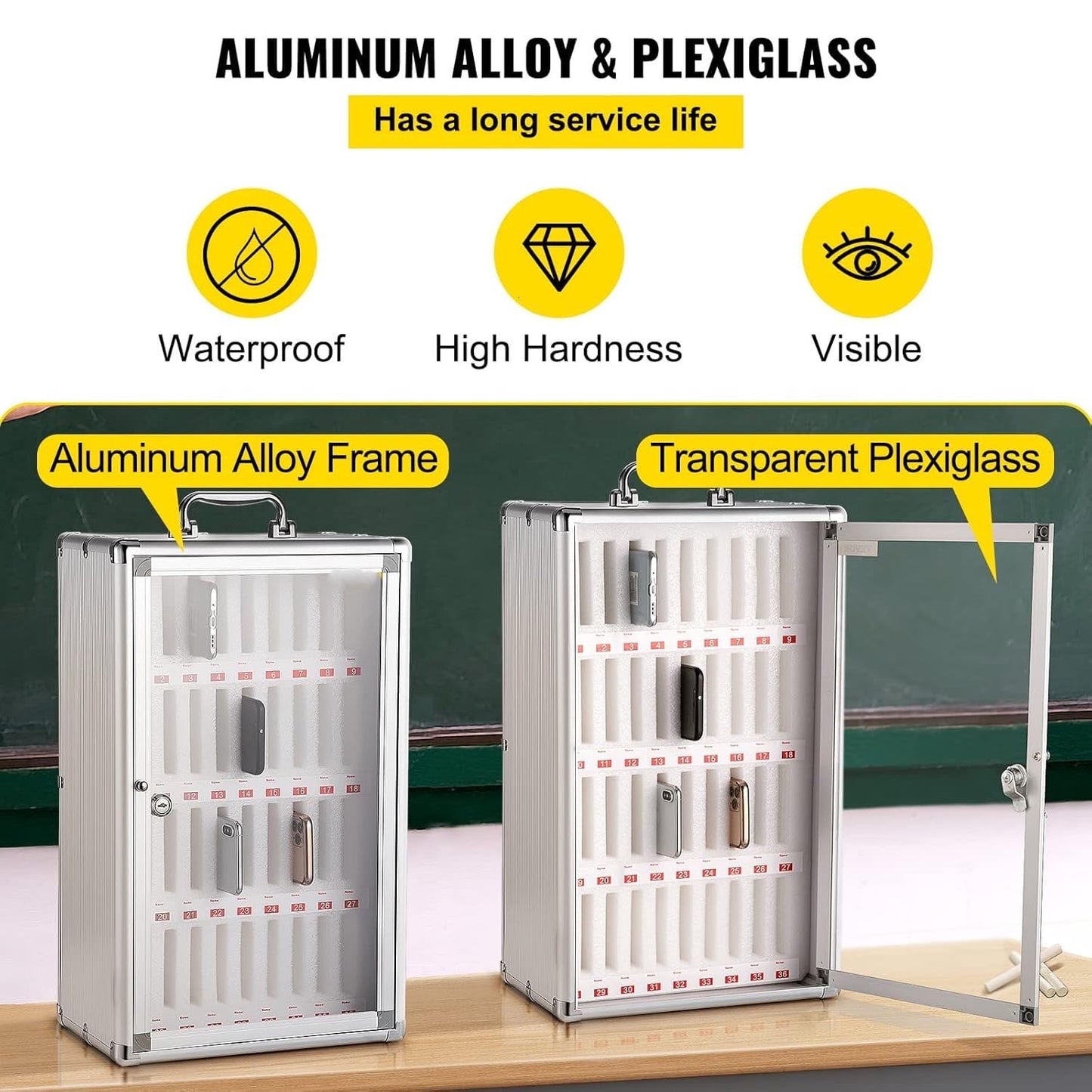 Cell Phones Storage Cabinet 36 Slots Aluminum Alloy Cell Phones Holder Storage Box Mobile Desktop Organizer Wall-Mounted Pocket Chart Locker Box with a Lock