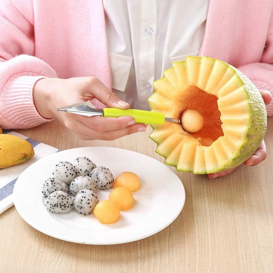 2-in-1 Stainless Steel Melon Baller & Fruit Carving Knife – Multi-Functional Scoop for Fruits, Desserts & DIY Garnishing