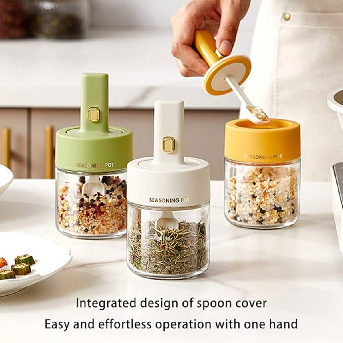Glass Spice Jars with Built-In Retractable Spoons & Airtight Lids – Dustproof & Easy to Clean