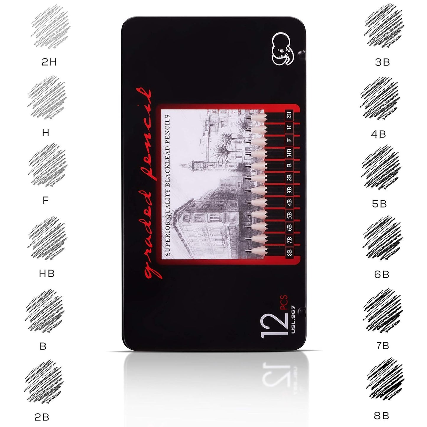 Artist Sketching & Drawing Pencil Set – 12 Pencils with Metal Storage Case (B to 8B, HB, H, 2H, F)