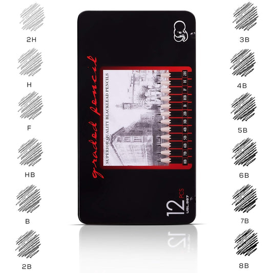 Artist Sketching & Drawing Pencil Set – 12 Pencils with Metal Storage Case (B to 8B, HB, H, 2H, F)