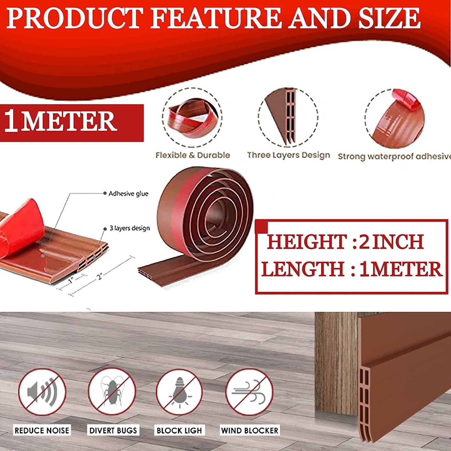 Silicon Door Bottom Sealing Strip | Self Adhesive Door Gap Filler Rubber | Door Bottom Sealing Strip Guard | Protector from Cockroach, Insect, Bugs, Air & Dust | (39 Inch, Brown)