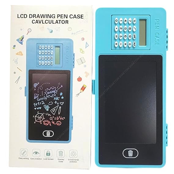 LCD Writing Tablet Pencil Box with Calculator, Drawing Board Case with Erase Button and Calculator, Magic Storage for Stationery