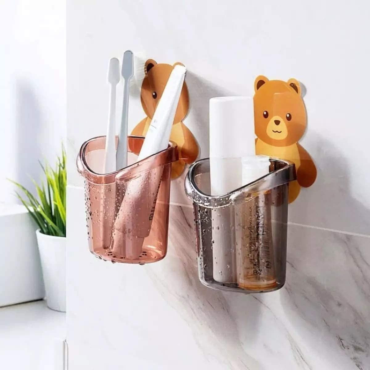 Teddy Bear Toothbrush Holder – Wall-Mounted Organizer for Bathroom & Kitchen (No Drills Needed) - Pack of 2