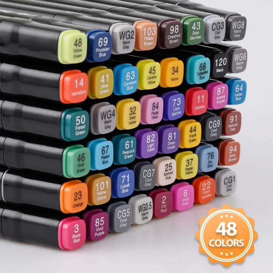 48 Pcs Dual-Tip Colour Marker Pen Set – Oil-Based, High-Pigment Markers with Bullet & Calligraphy Tips + Carry Case