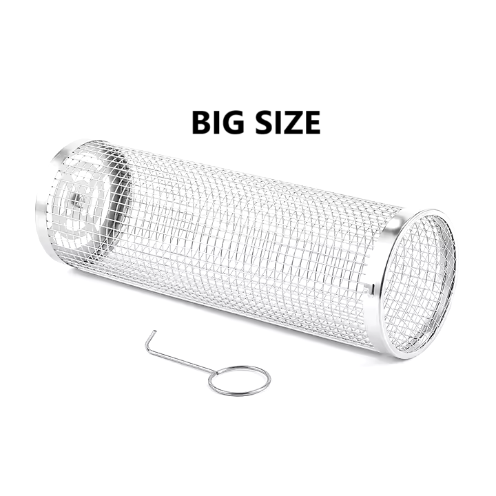 Stainless Steel BBQ Mesh Cage Vegetables Meat Metal Barbecue Net Round Cylinder Rolling Grilling Basket Outdoor Picnic Grill Mesh BBQ Grill for Fish Meat