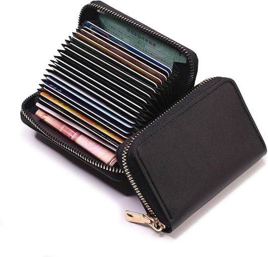 Credit Card Holder RFID Blocking PU Leather Mini Credit Card Wallet Purse Compact According ID Cards Bag with Zipper for Women Men 11 Card Slots