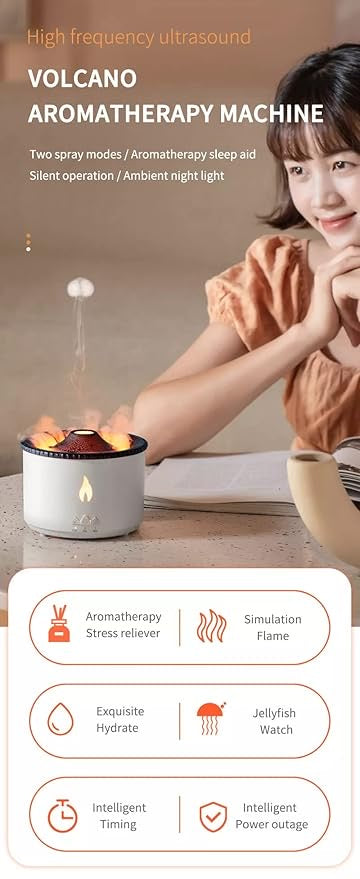 Volcano Flame Diffuser & Humidifier – Dual Mist Aromatherapy Machine with Remote, LED Lights, Auto Shut-Off | Home & Office Use