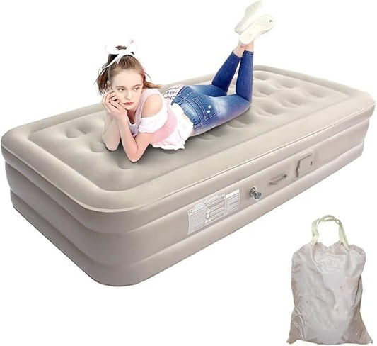 Single Air Bed, Inflatable Bed with Built-in Electric Pump, 3 Mins Quick Self-Inflation/Deflation Guest Air Mattress, Blow Up Bed for Home Portable Camping Travel