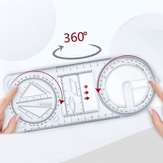 Multifunctional Geometric Drawing Ruler – Transparent Math & Design Tool with Protractor, Circle Templates & Stencils