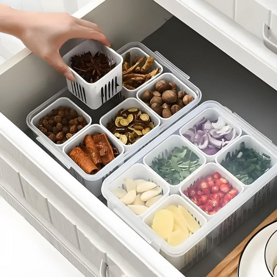 6-Grid Fridge Storage Container – Stackable Food Organizer with Drain Plate