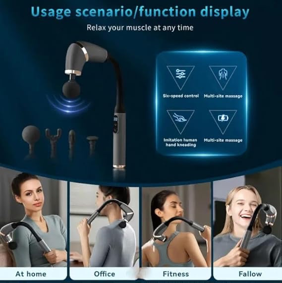 Deep Tissue Massage Gun with Extended Handle – 5 Speed Percussion Massager | 4 Heads for Full Body, Neck, Back & Leg Pain Relief | Rechargeable & Ergonomic Design