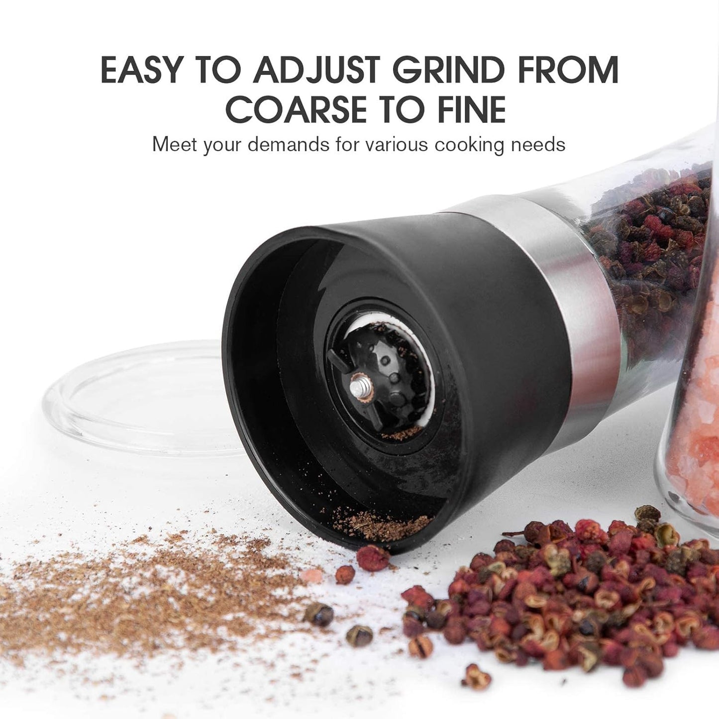 Glass Salt & Pepper Grinder Set – Adjustable Stainless Steel Mills with Ceramic Crusher
