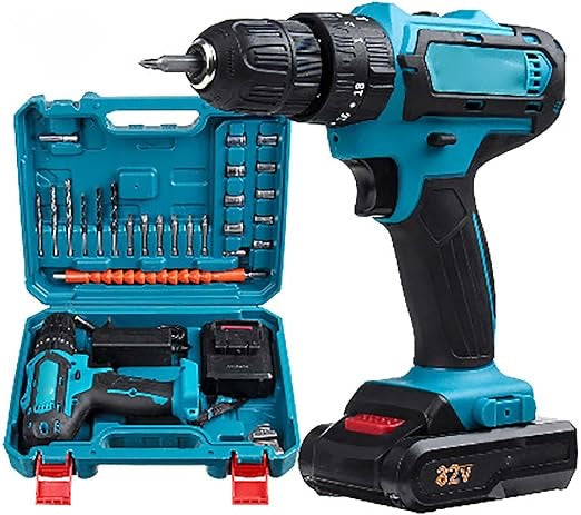 Lithium-Ion Cordless Impact Drill Set – 32V Electric Power Drill with Variable Speed, LED Light & Multi-Surface Drilling