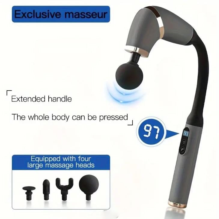 Deep Tissue Massage Gun with Extended Handle – 5 Speed Percussion Massager | 4 Heads for Full Body, Neck, Back & Leg Pain Relief | Rechargeable & Ergonomic Design