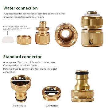 Tap Connector, Brass Pipe Connector for Tap, Garden Hose Quick Connectors, 1/2 & 3/4 Inch Faucet Adapter Tap Connector Sets for Garden Bathroom Kitchen Outdoors (Set of 4 pcs)