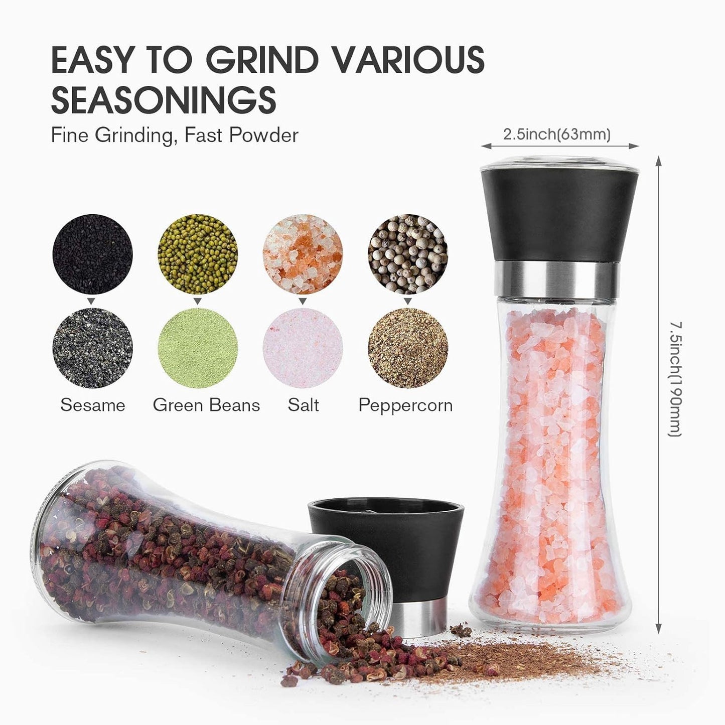 Glass Salt & Pepper Grinder Set – Adjustable Stainless Steel Mills with Ceramic Crusher