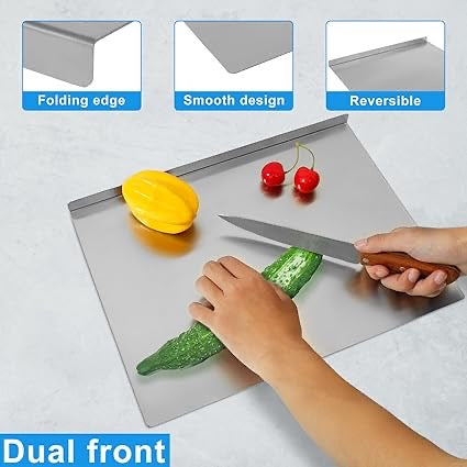 Stainless Steel Cutting Board Smooth Stainless Steel Chopping Board Nonslip Stainless Steel Baking Board with Folding Edge Safe Stainless Steel Pastry Board for Cutting Vegetables Fruits - Small Size